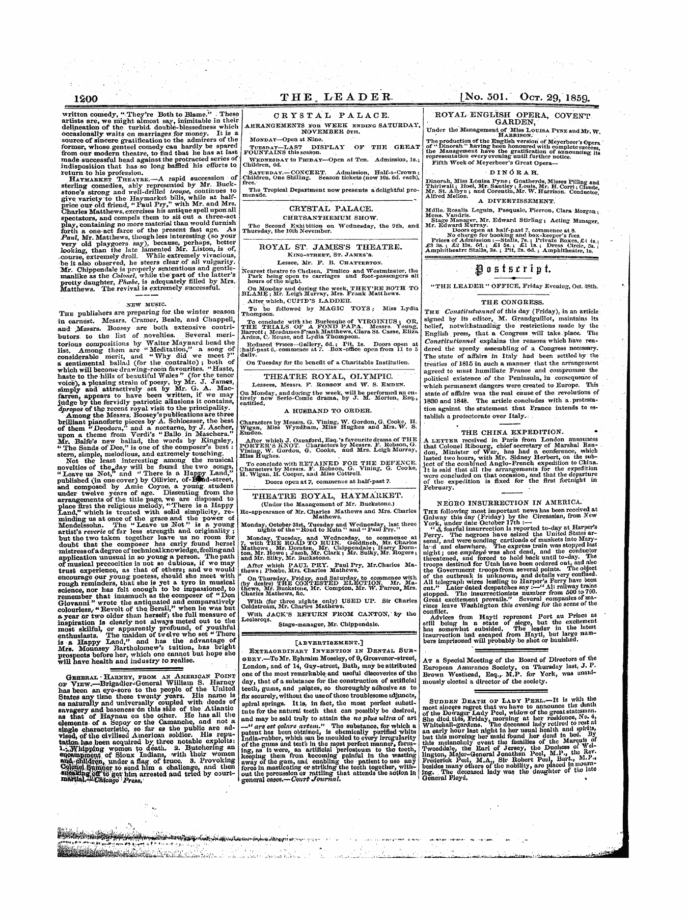 Leader (1850-1860): jS F Y, 1st edition - Crystal Palace. Akkangements Fob Week Endin G Saturday, November 5th.