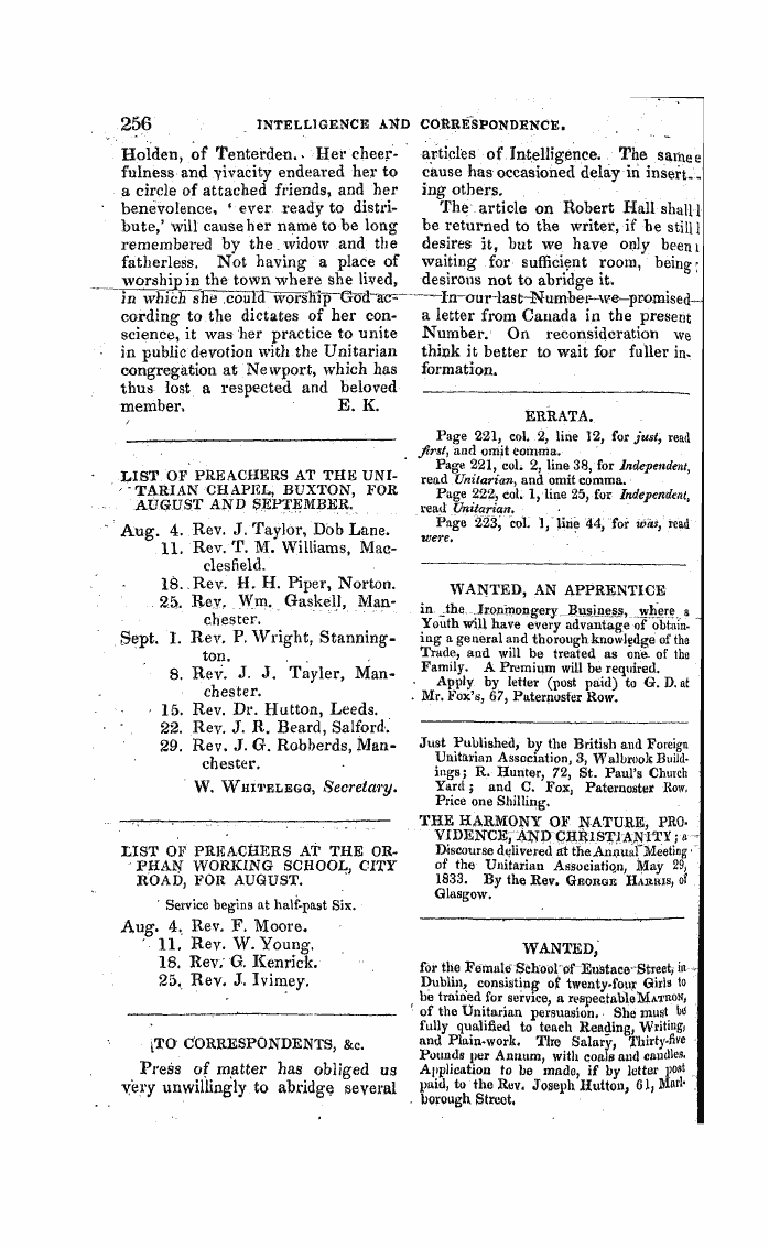 Monthly Repository (1806-1838) and Unitarian Chronicle (1832-1833): F Y, 1st edition - List Of Preachers At The Uni" Tarian Ch Apkl, Buxton, For August And September.