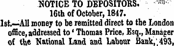 NOTICE TO DEPOSITORS. , 16th of October,...