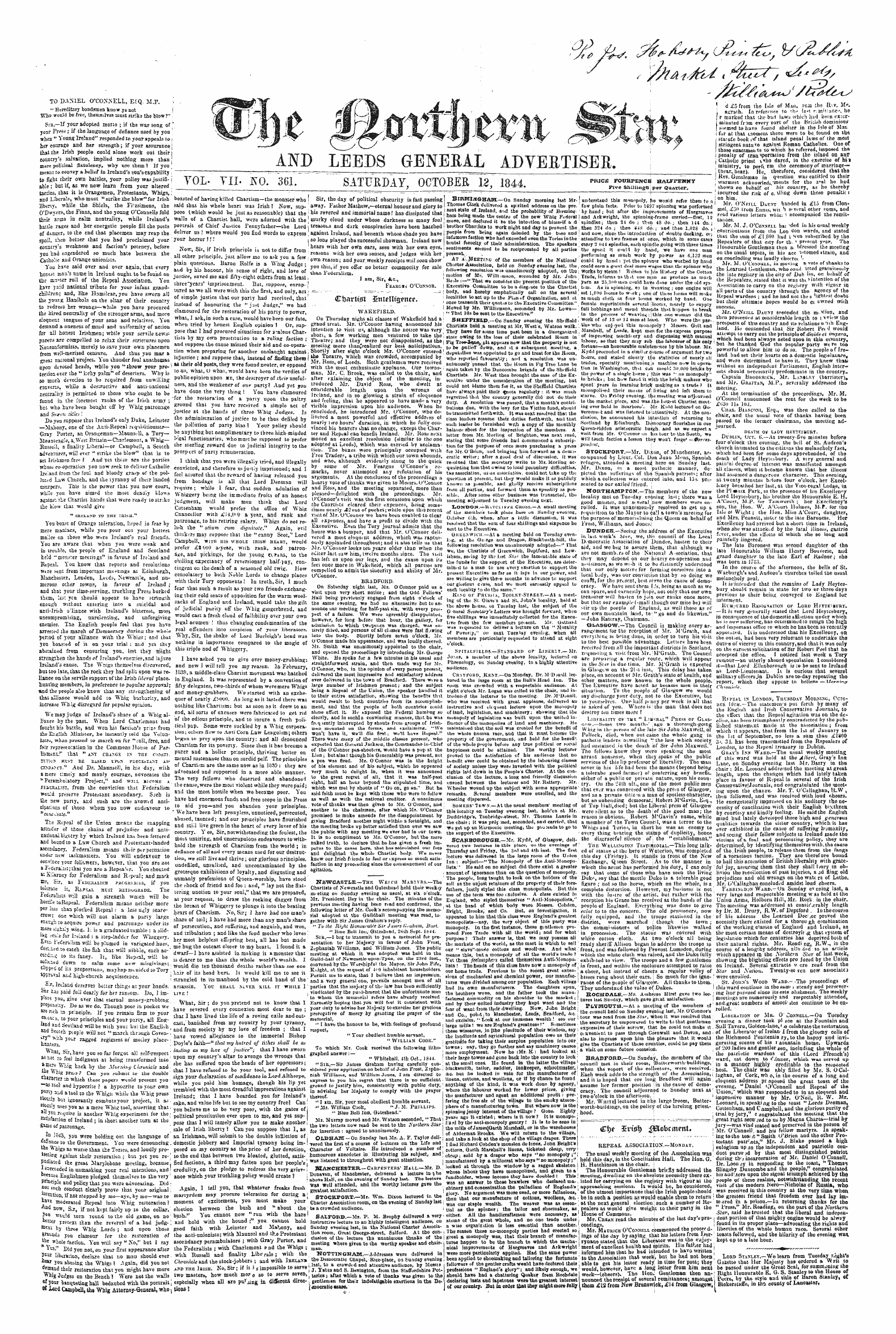 Northern Star (1837-1852): jS F Y, 1st edition - To Daniel O'Coxstll, Eiq M.P.